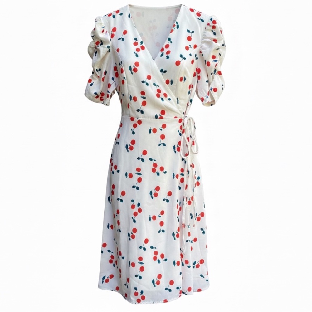 Beautiful Cherry Print Silk-Feel Wrap Dress with Puff Sleeves